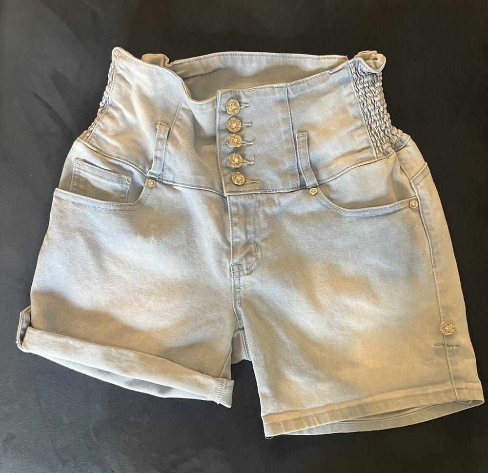 Tush Push Denim Womens Shorts 14 Blue High Rise Smocked Waist Ornate Button